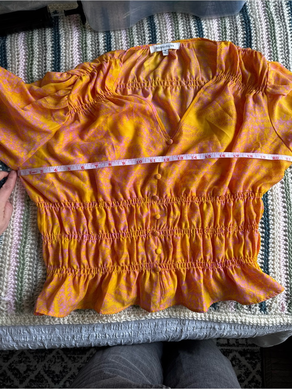 Rose & Olive Orange and Pink V-Neck Smocked Waist Blouse | Medium - Picture 8 of 9